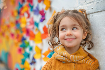 Fototapeta premium portrait of a beautiful little girl on a background of colorful paper butterflies