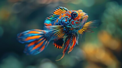 Fototapeta premium Vibrant and colorful mandarin fish swimming in an aquarium, showcasing its intricate patterns and lively colors.