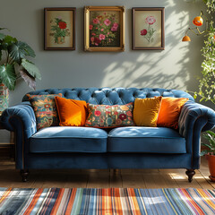 Cozy Living Room with Blue Sofa and Colorful Decor with botanical drawings on the wall