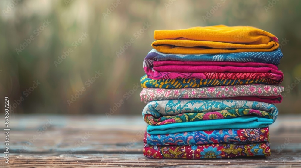 Poster a neatly stacked pile of colorful fabrics with various patterns and textures on a table, showcasing 