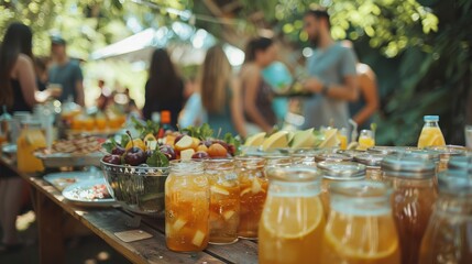 A vibrant outdoor brunch setup with jars of fresh juices, fruits, and a gathering of people enjoying a sunny day.