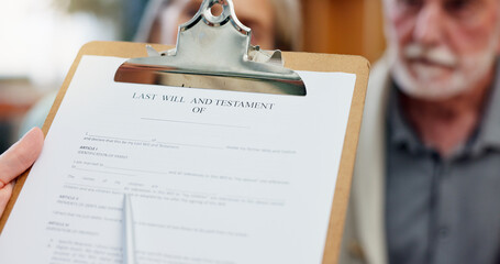Will, retirement and document for old man, home and listening to reading of inheritance and...