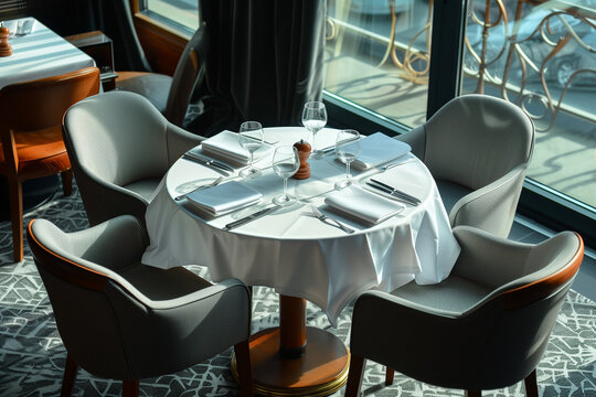 Table de restaurant dress&eacute;e avec des assiettes, des verres et couverts et des chaises autour