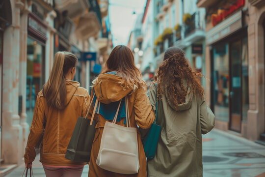 Groupe de 3 copines qui font du shopping - photos de 3 femmes de dos avec des sacs de courses