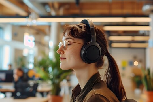Capture a young professional using a noise-canceling headset in an open-plan office, emphasizing the tools that support neurodiverse individuals in the workplace