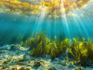 Fototapeta premium ethereal underwater seascape bathed in dappled sunlight vibrant seaweed forests sway gently in crystalclear turquoise waters schools of fish dart through golden light beams