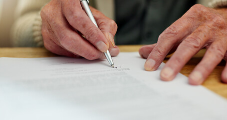 Sign, retirement and will for old man, home and agreement of inheritance and planning. House,...