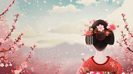 Woman in Traditional Japanese Kimono Adorned with Cherry Blossoms Stands Amongst Cherry Trees with Falling Petals