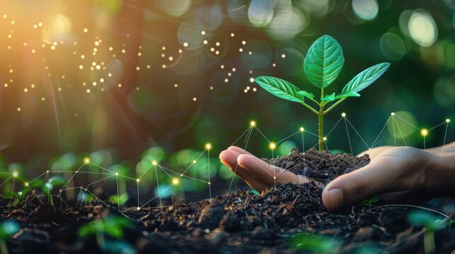 A hand cradling a growing plant with digital connections, symbolizing the fusion of technology and nature.