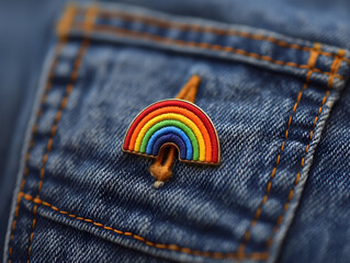 Gay and LGBT+ pride flag pin with rainbow on a jean jacket pocket