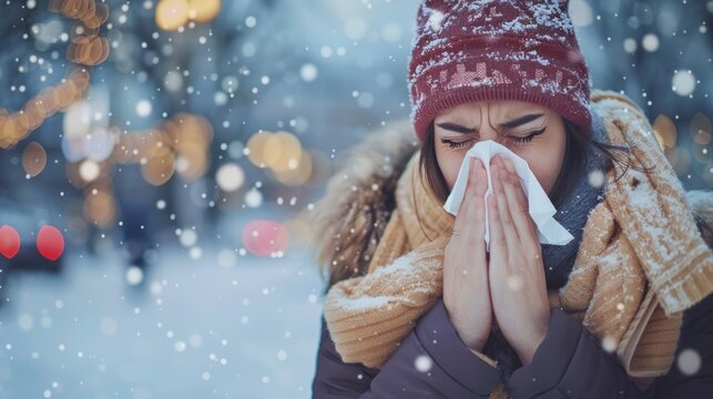 A woman sneezes into a tissue during a winter snowfall, capturing a moment of cold and seasonal illness.