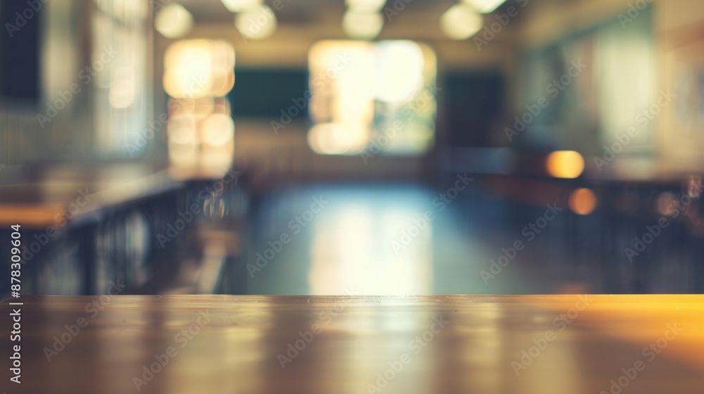 Poster a blurred image of an empty classroom with soft lighting, capturing a quiet and serene educational e