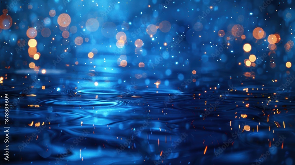 Poster blue bokeh lights reflected on a water surface, creating a magical and serene visual effect with glo