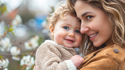 Obraz premium A joyful mother holding her smiling baby outside among blooming flowers, capturing a tender and loving moment.