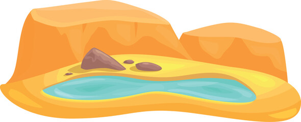 Cartoon oasis with rocks, sand and water representing a break for travelers in the desert