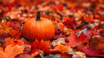 A bright orange pumpkin surrounded by a sea of vibrant autumn leaves in various shades of red and orange.