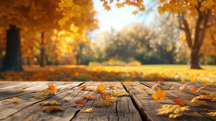 Yellow autumn leaves scattered on a wooden table in a sunlit park, with trees in full fall color in the background.