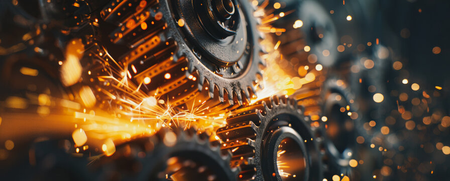 Closeup of interlocking metal gears with sparks