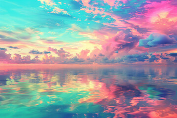 Fototapeta premium Sunset sky with vibrant colorful clouds over calm sea with reflections in water. Minimalistic nature landscape