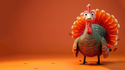 Happy Thanksgiving. Cute funny character Thanksgiving turkey holding sweet pie isolated on yellow background.Festive banner, greeting card, copy space.