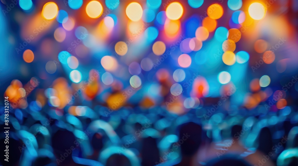 Poster blurred image of a concert crowd with colorful stage lights, creating a lively and energetic atmosph