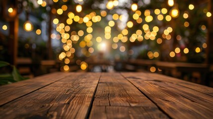 An outdoor wooden table in focus with blurred string lights creating a warm, cozy ambiance in the background.
