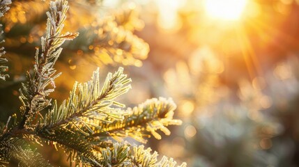 Close-up of frosty pine branches with sunlight filtering through, creating a warm and serene winter morning scene.
