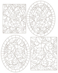 Obraz premium Set contour illustrations of stained glass, the branch of a lemon tree and a pear tree with ripe fruits