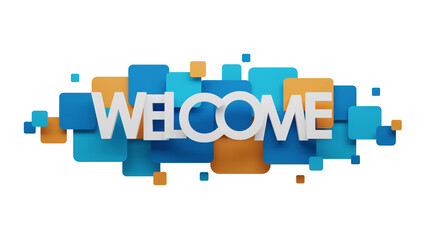 WELCOME typography banner on blue and orange squares on transparent background