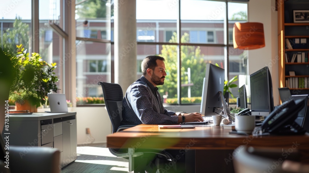 Poster a professional man working at a desk in a modern, open-plan office setting with computers and window