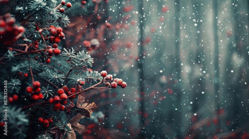Poster Close-up of frosted red berries on a pine branch during a snowfall, creating a serene and festive winter scene.