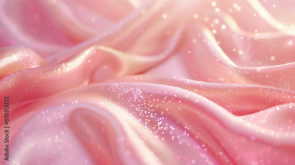 Poster close-up of pink fabric with sparkling glitter, creating a soft and dreamy texture with a magical gl