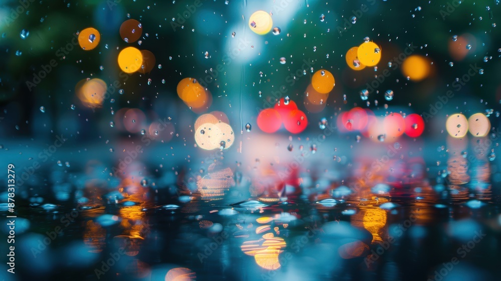 Poster raindrops on a window with colorful bokeh lights in the background, creating a dreamy and atmospheri
