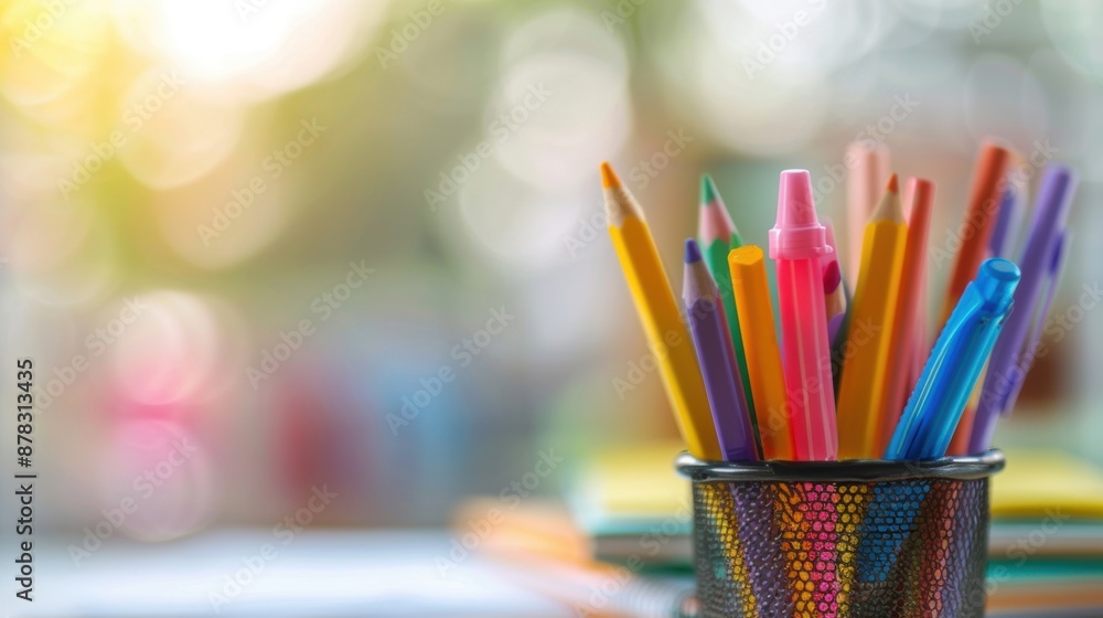 Poster close-up of colorful pencils in a holder, with a soft bokeh background, creating a vibrant and artis