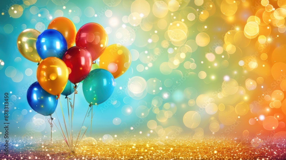 Poster group of colorful balloons with glittering bokeh lights in the background, creating a festive and jo