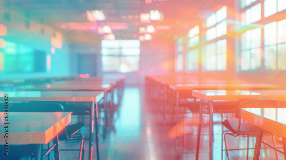 Poster an empty classroom bathed in colorful light, creating a serene and reflective educational environmen