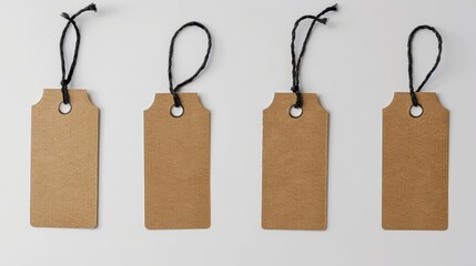 Four blank brown paper tags with black strings, neatly arranged on a light background, ready for labeling or gift tags.