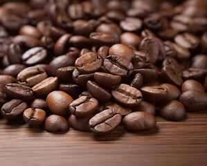 Coffee beans on wood table, GenerativeAI, Closeup of coffee bean
