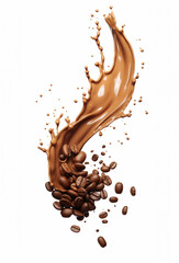 Coffee beans with cappuccino splash up on white background, GenerativeAI, Closeup of coffee bean and drink