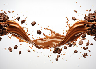 Coffee beans with cappuccino splash in the center on white background, GenerativeAI, Closeup of coffee bean