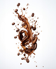 Coffee beans with espresso splash on white background, GenerativeAI, Closeup of coffee bean and space