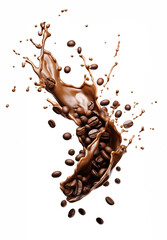 Coffee beans with espresso splash on white background, GenerativeAI, Closeup of coffee bean