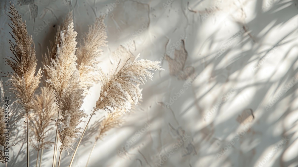 Poster dried pampas grass on rustic backdrop with shadows neutral tones minimalistic nature themed selectiv