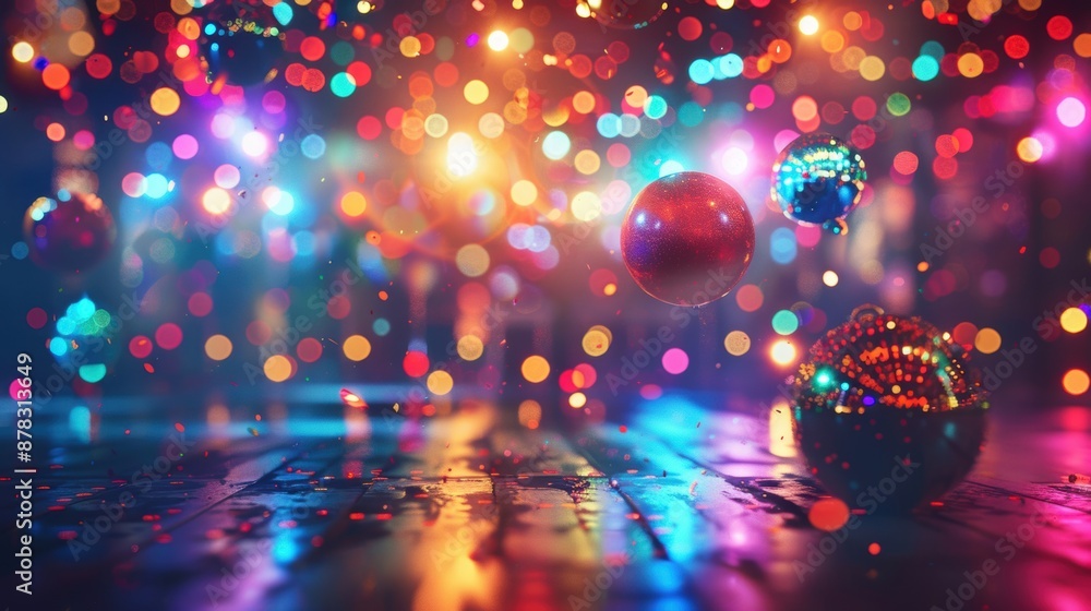 Poster a dazzling array of colorful bokeh lights and shiny ornaments, creating a festive and vibrant atmosp