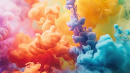 A dynamic and colorful display of ink clouds swirling in water, creating vibrant and abstract forms.