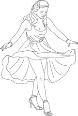 Beautiful woman in summer maxi dress, Hand drawn in thin line style, vector illustrations.