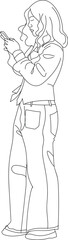  Young woman using smartphone, Texting messages online. during internet communication in live chat. Friends using smartphones, messenger, Hand drawn in thin line style