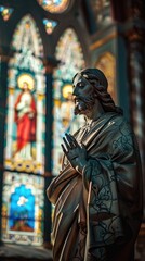Sacred Statue of Jesus Christ in Church with Stunning Stained Glass Backdrop