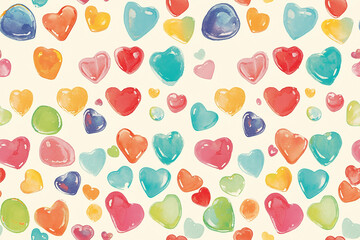 Seamless pattern with multicolored hearts in various sizes, creating a playful and cheerful design perfect for festive occasions.