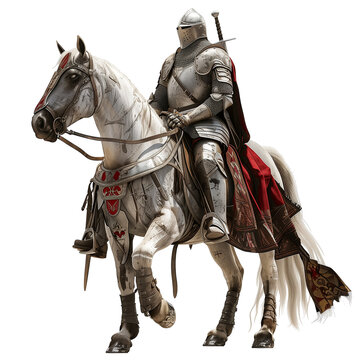 A medieval knight in full armor riding a majestic white horse, with intricate details on both the knight's armor and the horse's barding.